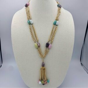 Tassel Necklace Goldtone Multi-chain Necklace with Colorful Glass Stones